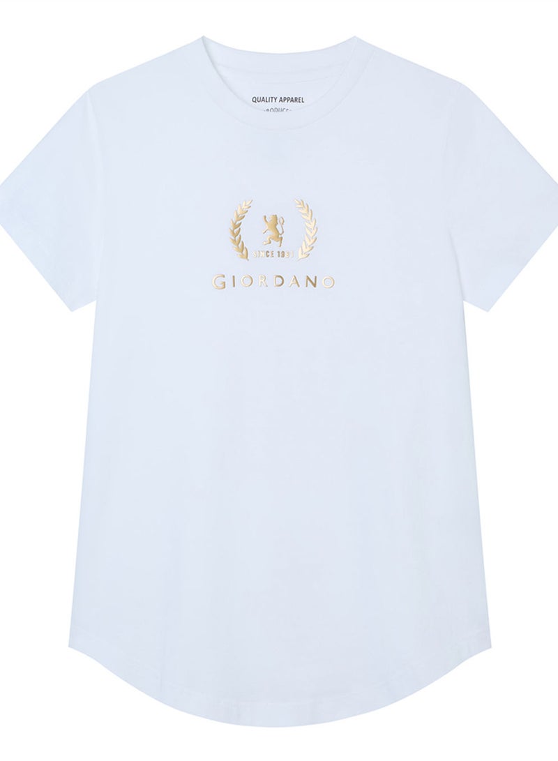 GIORDANO تي شيرت قطن عادي للنساء بقصة مريحة مع طباعة على الرقبة المستديرة - Image 1